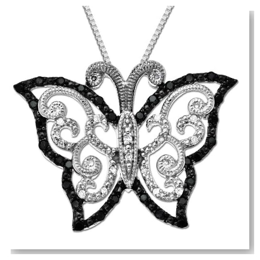 Sterling Silver Black and White Diamond Butterfly Pendant (0.27cttw, Black Diamonds and I-J Color, I3 Clarity), 18