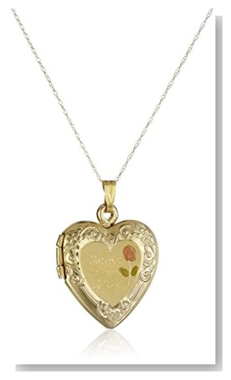 14k Yellow Gold -Forever In My Heart- Heart Locket with Pink Rose Pendant, 18