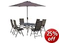 Kurtis Romsey Outdoor Garden Furniture Set (8 Pieces - 106 cm Square Table, 6 Reclining Chairs, Parasol - Charcoal Grey)