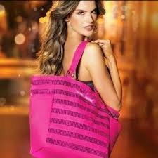Brand New Victoria's Secret VS Sequin Canvas Hot Pink Bling Bling School Bag Beach Gym Tote Travel Handbag~ Sold Out