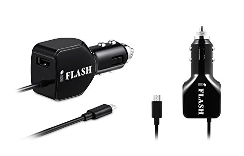 iFlash 24W / 2.4A + 2.4A (4.8A max) Portable Dual-Port USB Car Charger With Built-in Micro USB Cable Compatible for Samsung Galaxy S6 Plus / S6 Edge / S6 S5 S4 S3 S2 Note 5 4 3 2/ HTC One M9 M8 M7/ Moto X G E/ LG G4 G3 G2 and Extra USB Port for Apple iPhone 6S Plus / 6 Plus / 6S / 6 / 5S 5C 5 4S/ iPad Air Mini 2 3 4 and More (Apple Cable Not Included) - (Black)