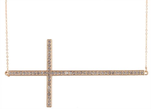 Goldtone with Clear Iced Out Elongated Sideways Cross Pendant with a 25 Inch Adjustable Link Chain Necklace