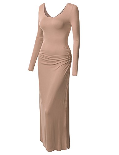 Thanth Womens Long Sleeve Side Shirring Waist Maxi and Midi Dress