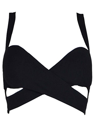 Persun Women Black Cut Out Bodycon Cross Front Crop Top