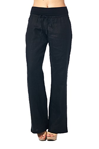 High Style Women's Full length fold over 100% linen pants with drawstring tie