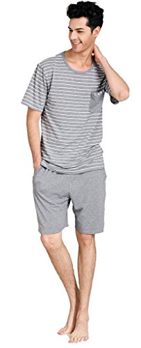 Suntasty Men's Summer Soft Round Neck Striped Pajama Sleepwear with Pocket
