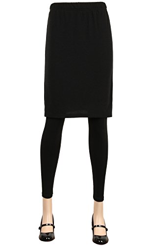 ililily Black Plain Solid Color Stretchy Leggings With H Line Knee Length Skirt