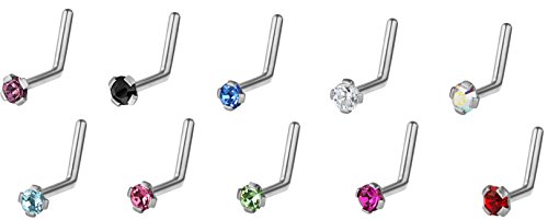 20G Surgical Steel 2 mm Cubic Zirconia Crystal L-Shaped Nose Ring *Choose Color*