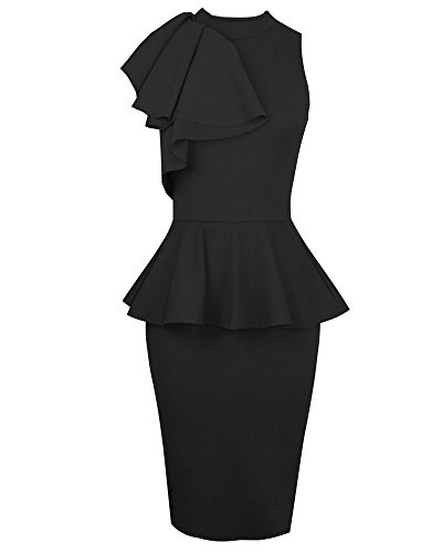 Womens Sleeveless Ruffle Side Peplum Frill Stretch Bodycon Midi Party Dress