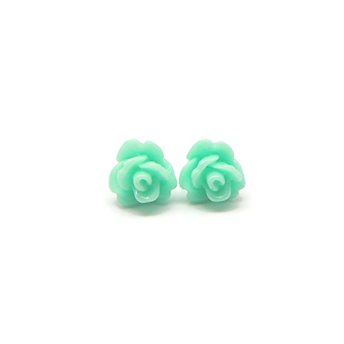 8mm Small Light Turquoise Rose Earrings on Plastic Posts for Metal Sensitive Ears Aqua Blue