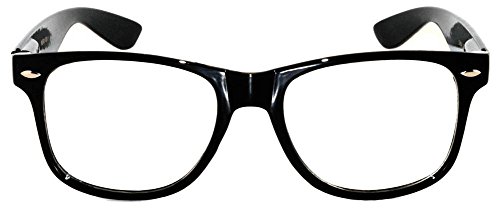 Retro 80's Black Shiny Frame Clear Lens Glasses