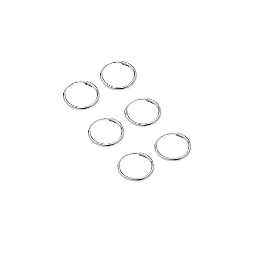 River Island Jewelry 3 Pairs of Size 10mm 925 Sterling Silver Endless Hoop Earrings, Nose for cartilage