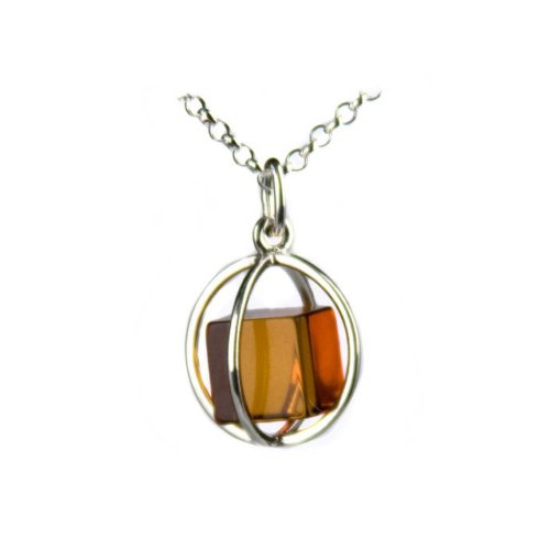 Honey Amber Cube Sterling Silver Millennium Collection Spherical Pendant Rolo Chain 18