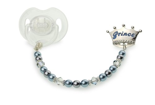 Crystal Dream Luxury Keepsake Gift Swarovski Blue Simulated Pearls and Crystals Hand Crafted Enamel Crown Sterling Silver Baby Boy Prince Pacifier Clip 8 inch (CPB)