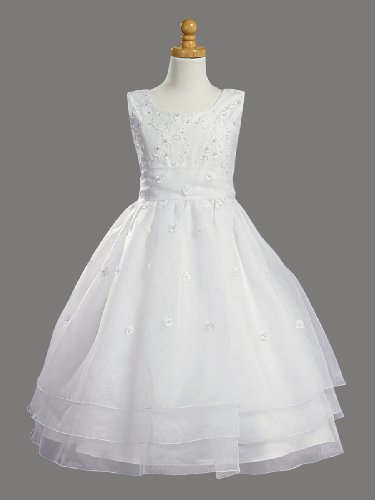 White Sleeveless Embroidered Organza Communion Dress with Pearled Accented Bodice