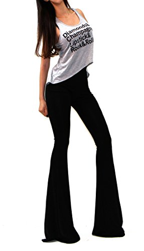 VIVICASTLE Women's Boho Solid Hippie Wide Leg Flared Bell Bottom Pants (Small, Black)