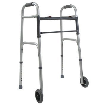 Eva Medical Matte Silver Aluminum Folding Walker with Easy Two Button Release, 5 Inch Wheels, Adjustable Height and No Assembly Needed