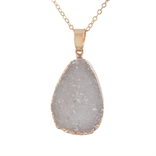 MJARTORIA Gold Color Bezel Teardrop Raw Natural Stone Grey Quartz Pendant Healing Druzy Necklace