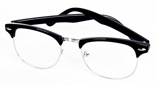 Clubmaster Glossy Black Half Frame Wayfarer Nerd Glasses Clear Lens - Free Pouch