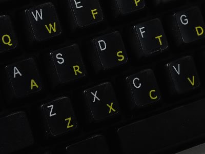 

COLEMAK KEYBOARD STICKER WITH YELLOW LETTERING TRANSPARENT BACKGROUND