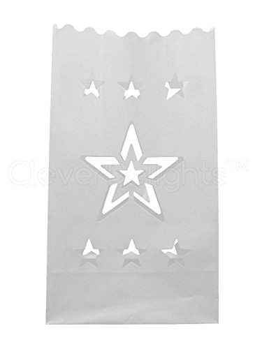 

CleverDelights White Luminary Bags - 10 Count - Star Design - Flame Resistant Paper - Wedding, Reception, Party and Event Decor - Luminaria Candle Bag