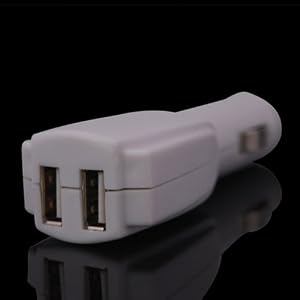 White Dual USB Car Charger for iPhone with Red LED Indicator