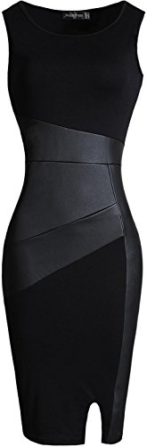 jeansian Women's Faux Leather Stitching Sleeveless Bodycon Dress WKD227 Black L