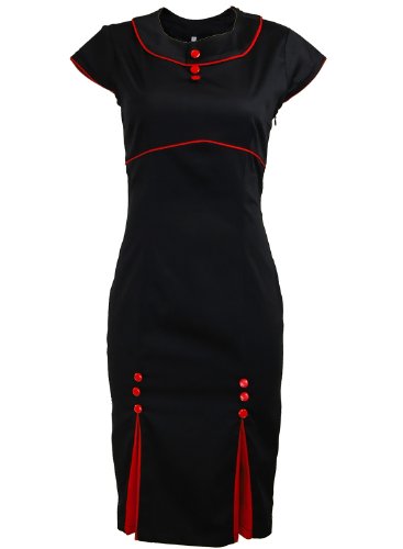 Black Kick Pleat Double Button Red Trim Pinup 1950s Rockabilly Pencil Women's Dress