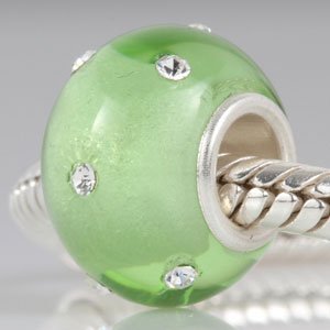 

Kera Style Peridot Color Murano Polished Glass Bead with Clear Swarovski Crystal August Birthstone 925 Sterling Silver Solid Core Charm Fits Pandora Chamilia Biagi Troll Beads Europen Style Bracelets