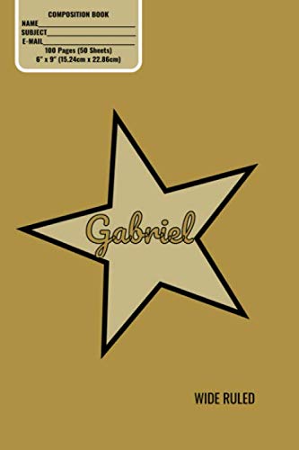 Composition Book, Personalized Gabriel Gold Star Matte Cover, Wide Ruled Pages: 6x9 Inches, 100 Pages, Personalised and Perfect for Class, Work, Journaling, Recipes, Notes by Noggin Box Books