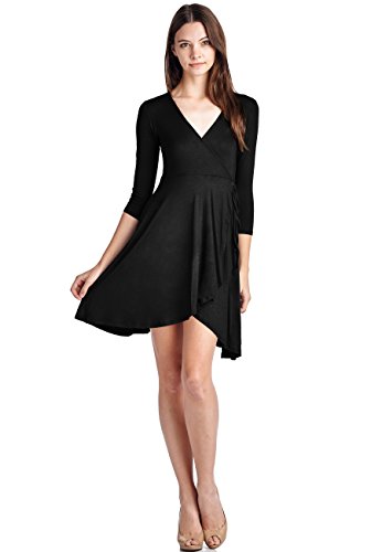 LeggingsQueen Women's 3/4 Sleeves V Neck Faux Wrap Dress