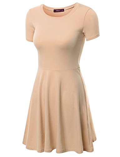 Doublju Women Casual Short Sleeve Round Neck Flare Mini Dress