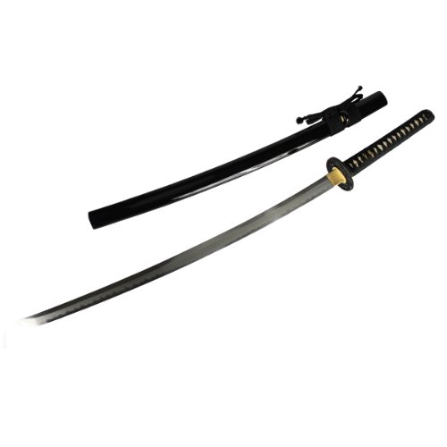 DerShogun Katana Samuraischwert - Damaszener Stahl, Lehmhärtung + echte Hamon, Schwarz
