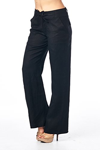 High Style Women's Button Closure Wide Leg 100% linen pants with drawstring waist