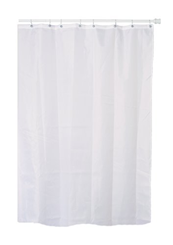 Extra Long (7 Feet / 84 Inches) White Fabric (Polyester / Nylon) Shower Curtain with Metal Grommets (Buckles) at the Top, and a Weighted Hem at the Bottom to Reduce Billowing. Water Repellent.