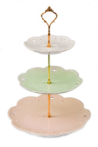 Jusalpha 3-tier Porcelain China Cake Stand-Dessert Stand-Cupcake Stand-Tea Party Serving Platter (Gold)