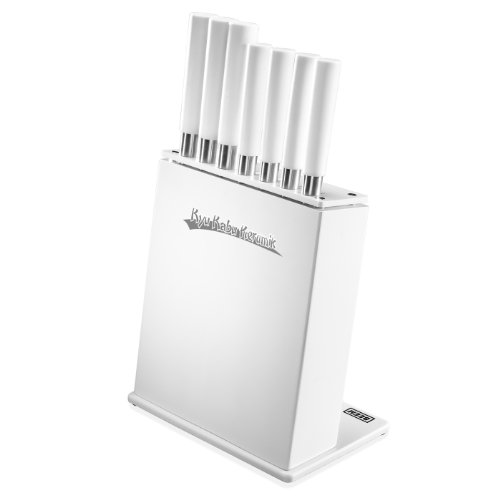 BEEM Germany Kyu Kabu Keramik V2, 8-tlg. Messerset mit Block, Messer mit weißer MARATHON BIO-LON CERAMIC Antihaftversiegelung und nach japanischem Vorbild designed und geschmiedet, weiß