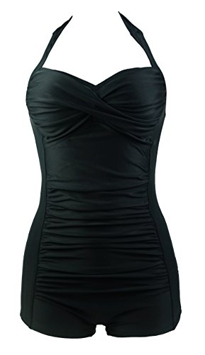 Cocoship Elegant Retro Inspired Boy-Leg One Piece Ruched Monokinis Swimsuit(FBA)