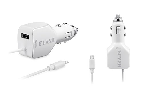 iFlash 24W / 2.4A + 2.4A (4.8A max) Portable Dual-Port USB Car Charger With Built-in Micro USB Cable Compatible for Samsung Galaxy S6 Plus / S6 Edge / S6 S5 S4 S3 S2 Note 5 4 3 2/ HTC One M9 M8 M7/ Moto X G E/ LG G4 G3 G2 and Extra USB Port for Apple iPhone 6S Plus / 6 Plus / 6S / 6 / 5S 5C 5 4S/ iPad Air Mini 2 3 4 and More (Apple Cable Not Included) - (White)