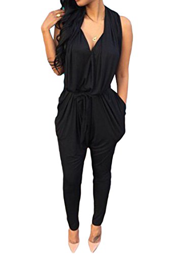 Pink Queen® Women Black/Grey V Neck Casual Harem Pants Jumpsuits Rompers