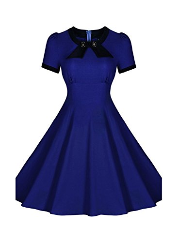 SYLVIEY Women's Scoop Neck Elegant Bow Vintage 1940's Casual Evening Dress M Blue