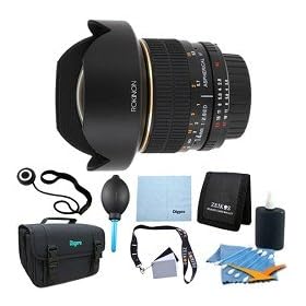 Rokinon 14mm f/2.8 IF ED MC Super Wide Angle Fisheye Lens for Canon. Lens Kit Bundle Includes: Deluxe Gadget Bag, Microfiber Cleaning Cloth, Lens Cap Keeper, Memory Card Wallet, Dust Removal System, and 3pc. Lens Cleaning Kit.