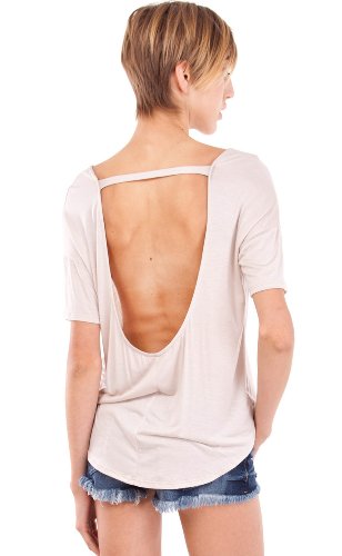 Black Ladies Deep Open-Back Hi-Low Hem Short Sleeve Top