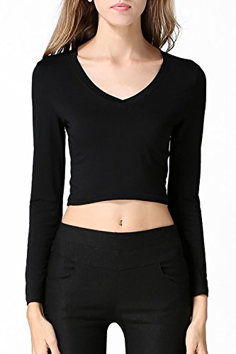 S-ZONE Women's Crop Top,Stretchy Modal,Long Sleeve,V-Neck