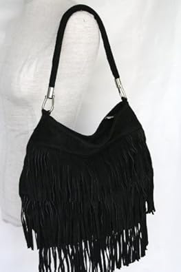 Trendy Henkel/ Beuteltasche mit Fransen, echt WILDLEDER schwarz,Italy ...