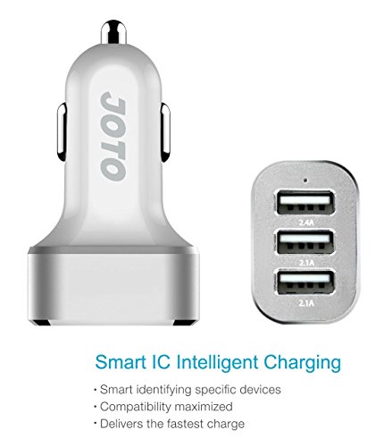 [ USB Car Charger ] JOTO 6.6A/33W 3 Ports USB Car Charger with Smart IC Intelligent High Speed Charging [Metal Series] - Portable Fast External Battery Pack Vehicle Charger compatible to Apple and Android devices (iPhone, iPad, Apple Watch, Samsung Galaxy, Galaxy S6, HTC M9, Nexus, Motorola, Nokia, Sony, MP3, GPS, Bluetooth Speaker and More) Mobile Smartphones and Tablets UNIVERSAL Portable Rapid Travel Charger, 3 USB Quick Car Charger Adapter [Silver / White]