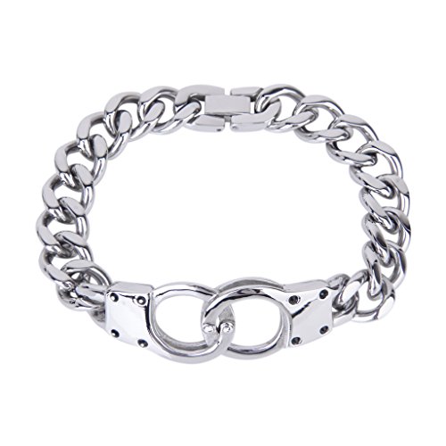 Men's Stainless Steel Handcuff Connect Cuban Curb Link Chain Bracelet--Silver
