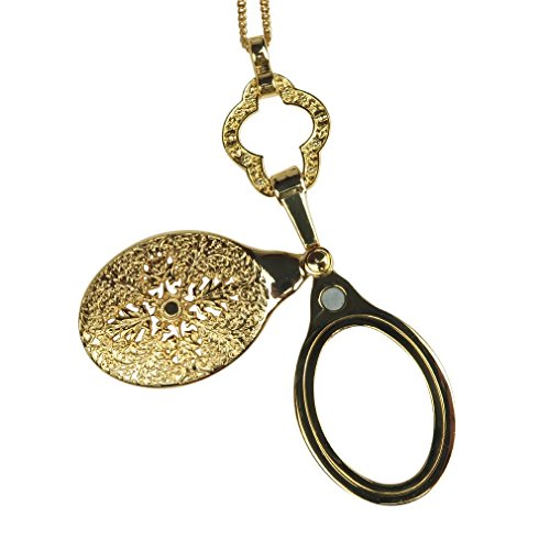 Antique Vintage Ornate Magnifying Glass Pendant With Chain Necklace, Gold Tone