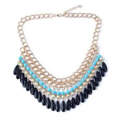 1Pc Blue- 2 Layer Tassels Charm Bohemia Vintage Style Mixed Color Necklace