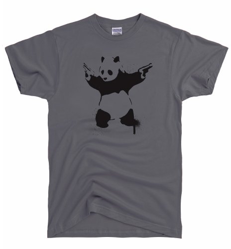 DirtyRagz Men's Banksy Stencil Grafitti Panda with Gun T Shirt GREY
